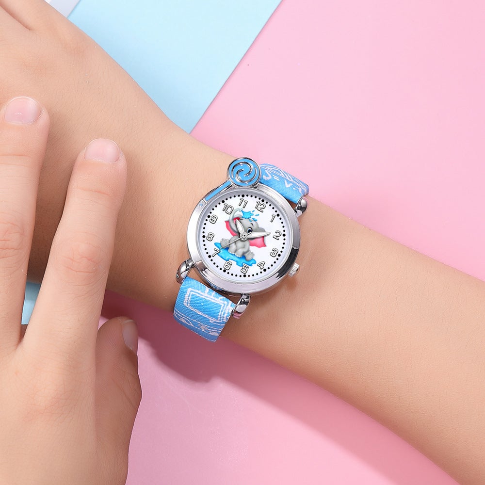 Elephant Pattern Silver Shell Digital Face Kid's Watch and Necklace