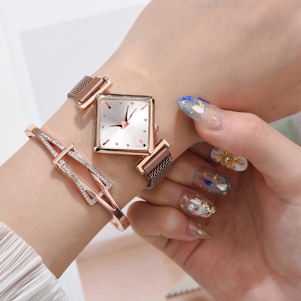 Women Square Watch Luxury Ladies Quartz Magnet Buckle Gradient Color Watches