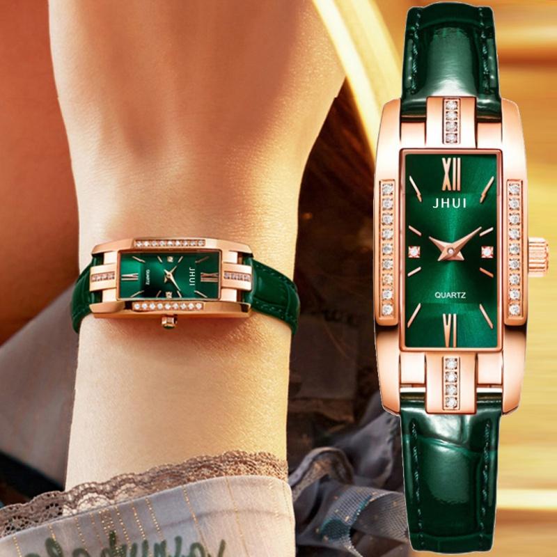 Luxury Watches Women Green Leather Square Rose Gold Wrist Watches