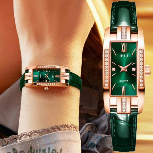 Luxury Watches Women Green Leather Square Rose Gold Wrist Watches
