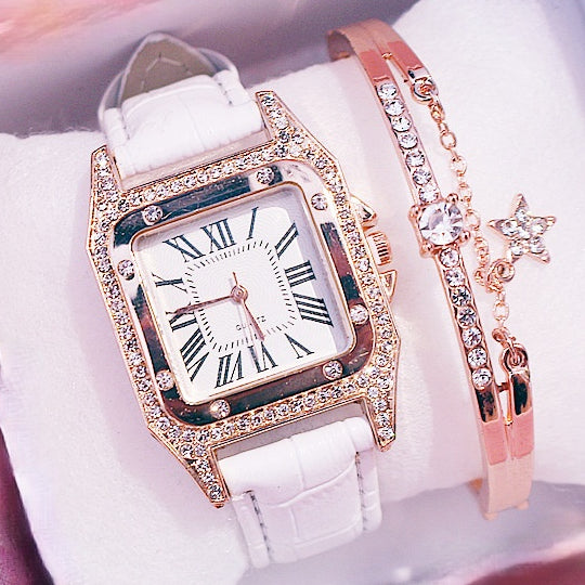 Square Luxury Diamond Women Watches Set Leather Ladies Watch Female Quartz Wristwatch