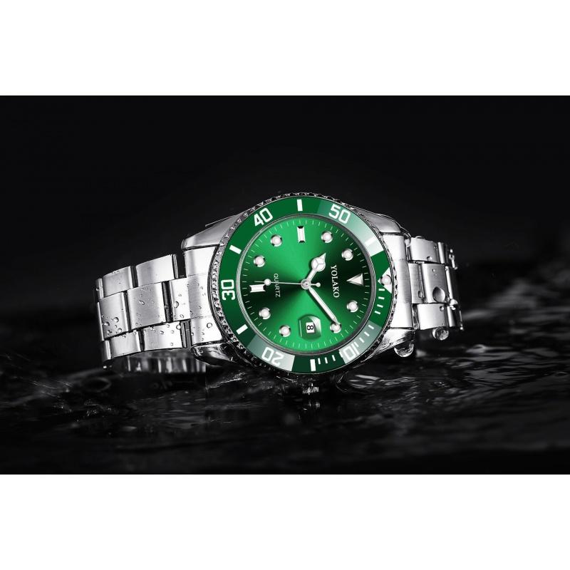 Yolako Green Watch for Men Calendar Steel Strap Quartz Men's Wrist Watches