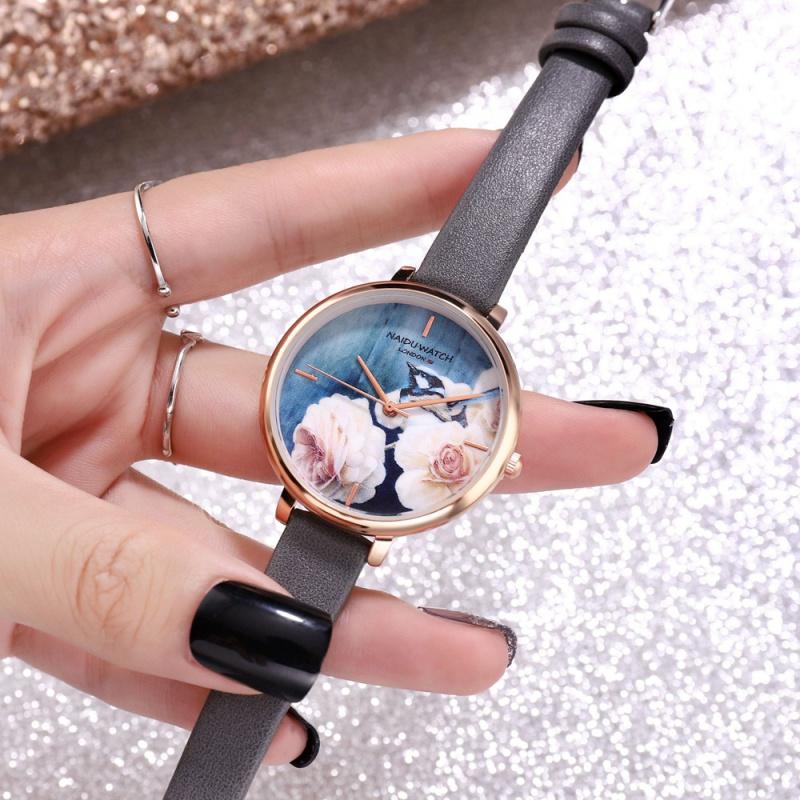 Floral Style Fashion Women's Watches Leather Belt Flower Printing Ladies Watch