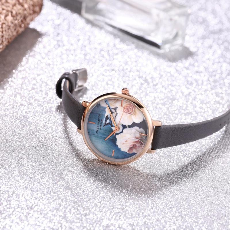 Floral Style Fashion Women's Watches Leather Belt Flower Printing Ladies Watch