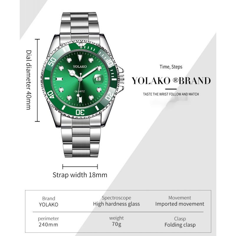 Yolako Green Watch for Men Calendar Steel Strap Quartz Men's Wrist Watches