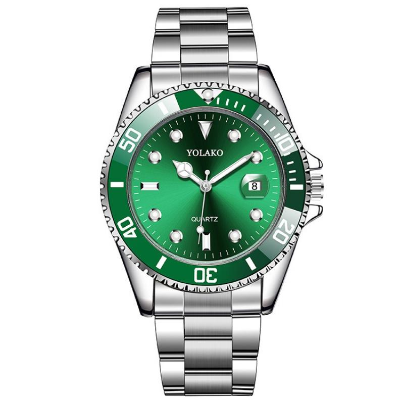 Yolako Green Watch for Men Calendar Steel Strap Quartz Men's Wrist Watches