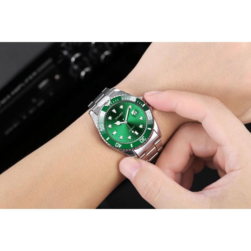 Yolako Green Watch for Men Calendar Steel Strap Quartz Men's Wrist Watches