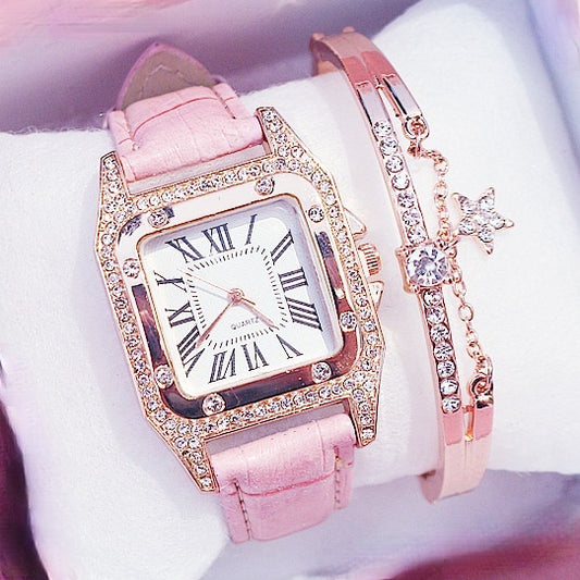 Square Luxury Diamond Women Watches Set Leather Ladies Watch Female Quartz Wristwatch