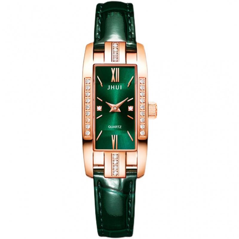 Luxury Watches Women Green Leather Square Rose Gold Wrist Watches