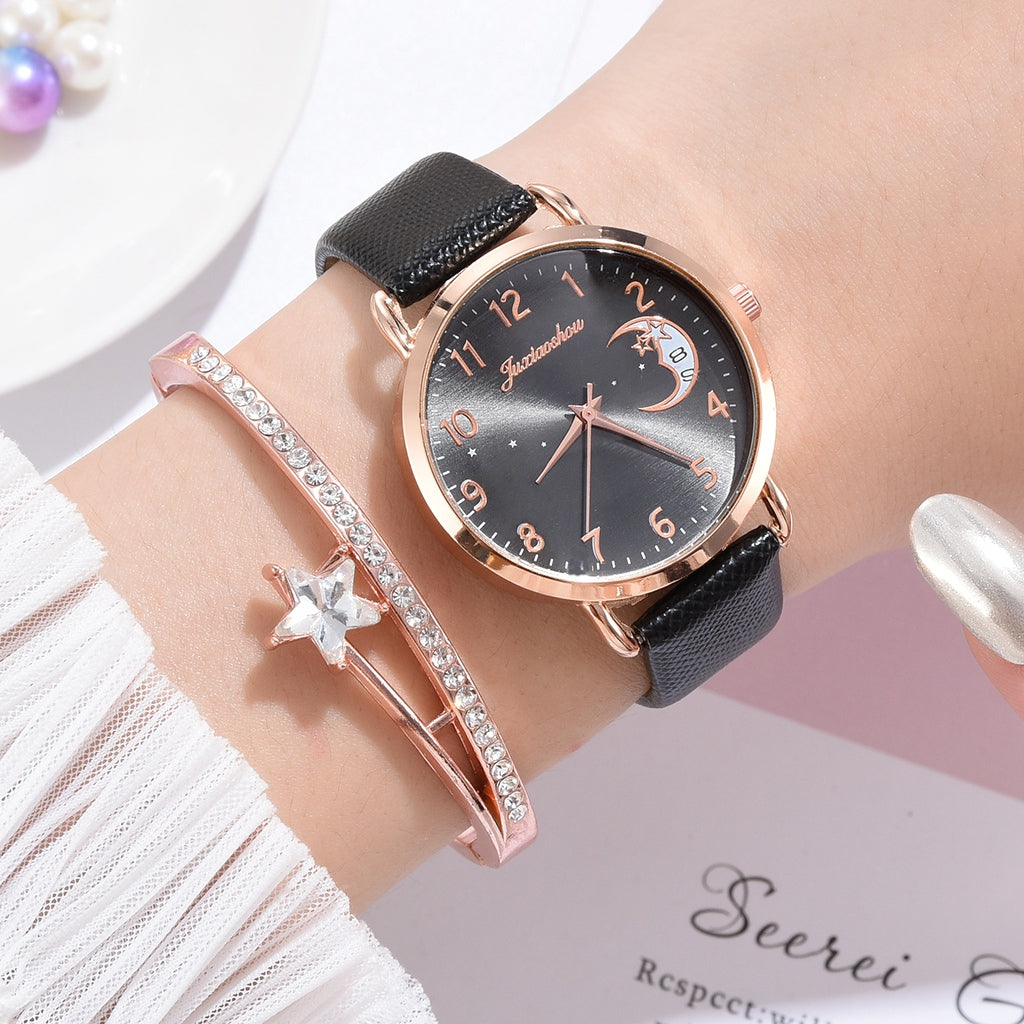 Women Watch Moon Numbers Dial Bracelet Watches Set Ladies Leather Band Quartz Wristwatch Female Clock 4379