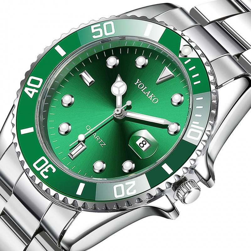 Yolako Green Watch for Men Calendar Steel Strap Quartz Men's Wrist Watches