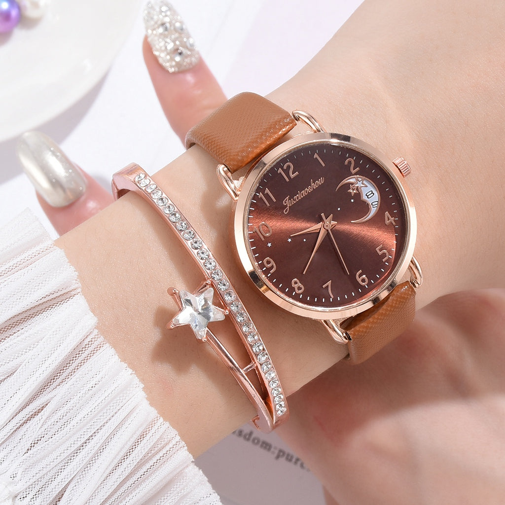 Women Watch Moon Numbers Dial Bracelet Watches Set Ladies Leather Band Quartz Wristwatch Female Clock 4379