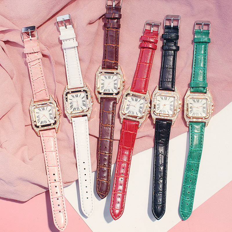 Square Luxury Diamond Women Watches Set Leather Ladies Watch Female Quartz Wristwatch