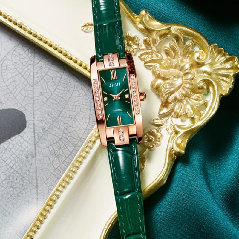 Luxury Watches Women Green Leather Square Rose Gold Wrist Watches