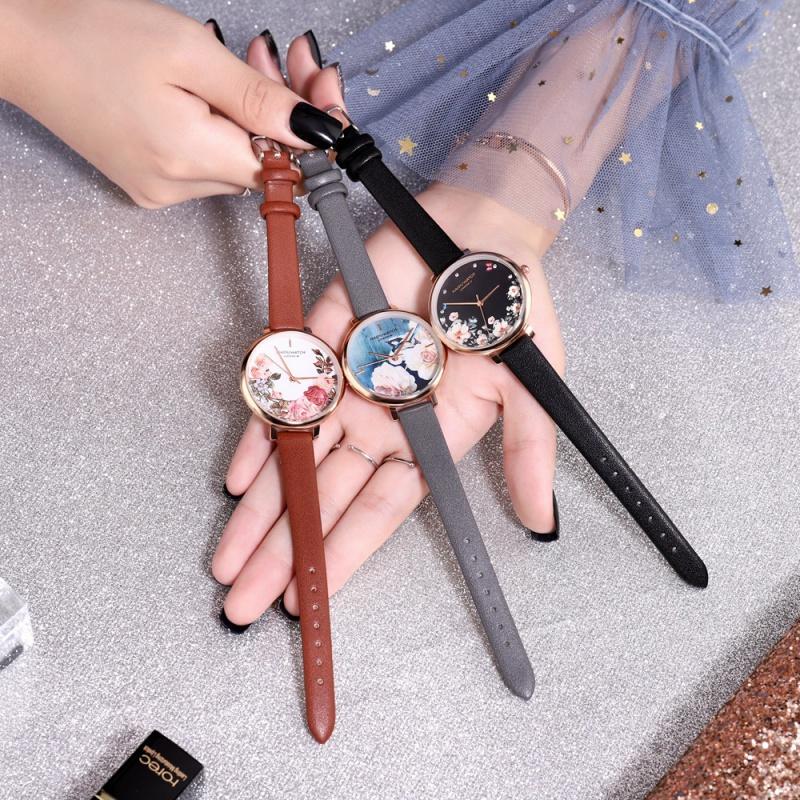 Floral Style Fashion Women's Watches Leather Belt Flower Printing Ladies Watch