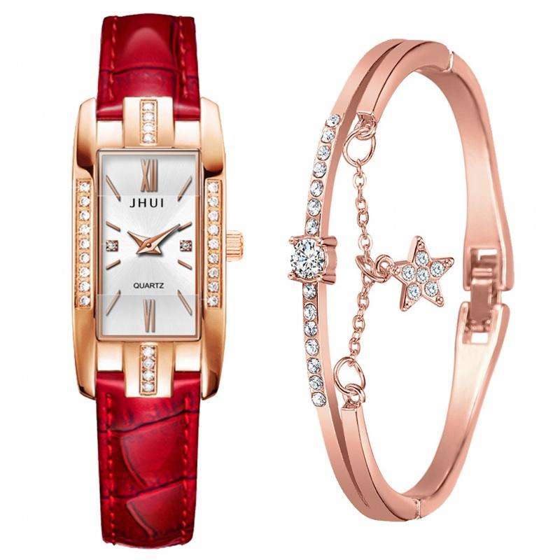 Luxury Watches Women Green Leather Square Rose Gold Wrist Watches