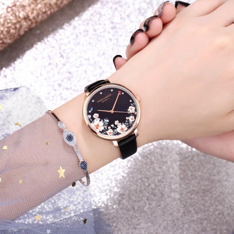 Floral Style Fashion Women's Watches Leather Belt Flower Printing Ladies Watch