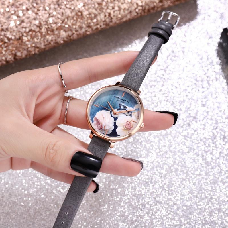 Floral Style Fashion Women's Watches Leather Belt Flower Printing Ladies Watch