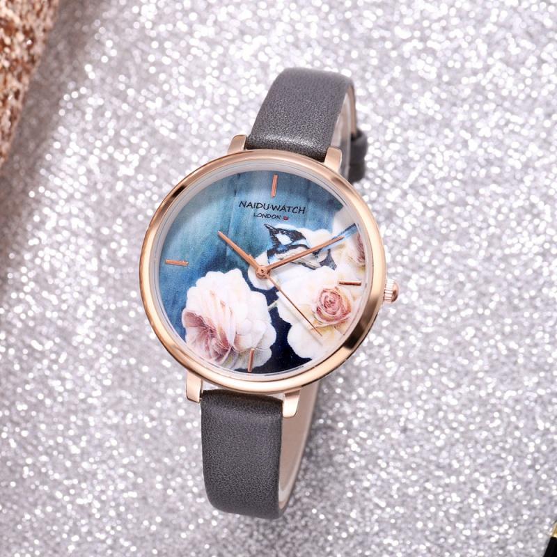 Floral Style Fashion Women's Watches Leather Belt Flower Printing Ladies Watch