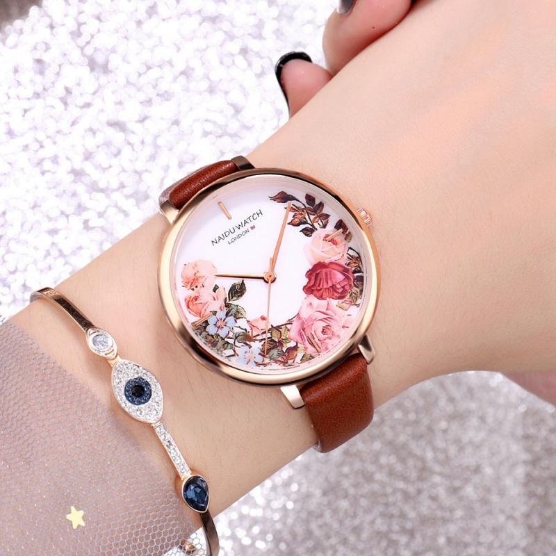 Floral Style Fashion Women's Watches Leather Belt Flower Printing Ladies Watch