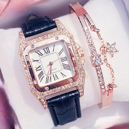 Square Luxury Diamond Women Watches Set Leather Ladies Watch Female Quartz Wristwatch