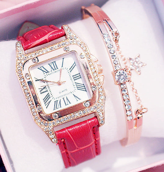 Square Luxury Diamond Women Watches Set Leather Ladies Watch Female Quartz Wristwatch