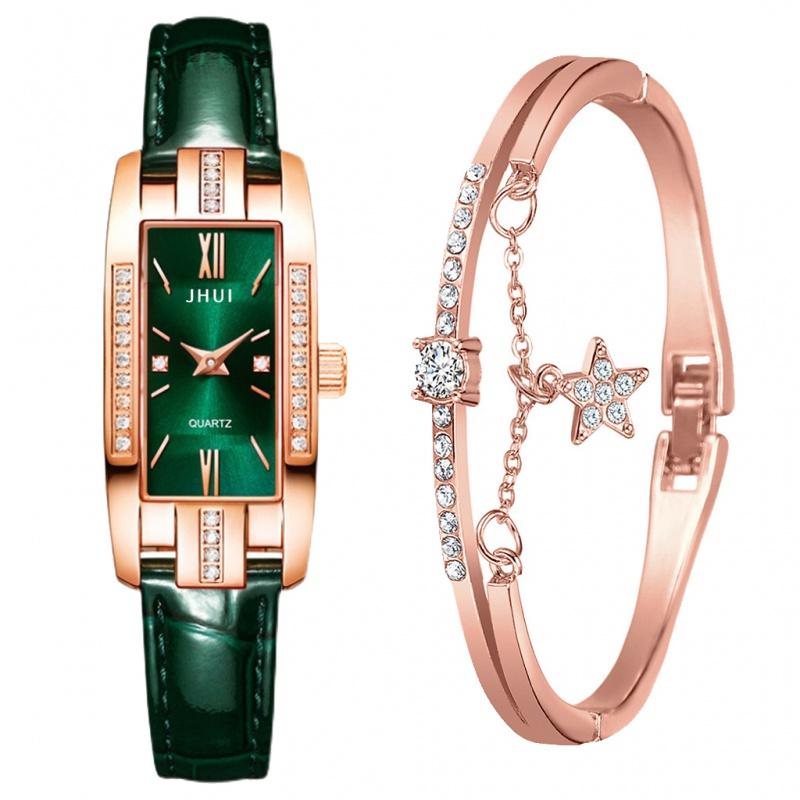 Luxury Watches Women Green Leather Square Rose Gold Wrist Watches