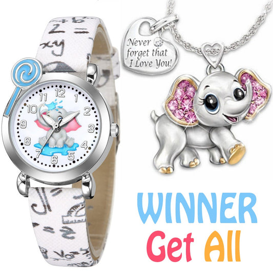 Elephant Pattern Silver Shell Digital Face Kid's Watch and Necklace